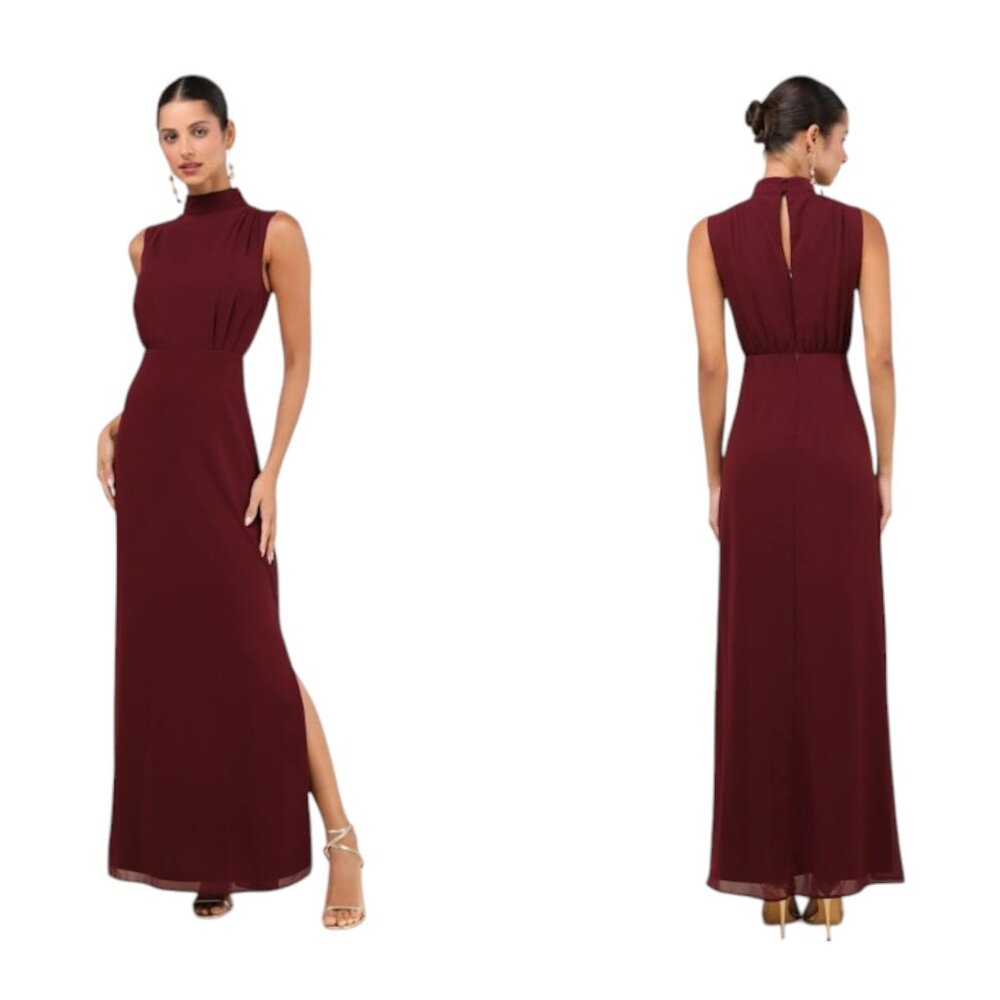 NWOT Lulus Classic Elegance Wine Satin Sleeveless Mock Neck Maxi Dress